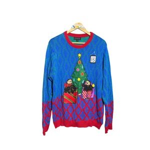 Blizzard Bay Mens L Christmas Tree Ugly Sweater Blue Red Argyle January 15